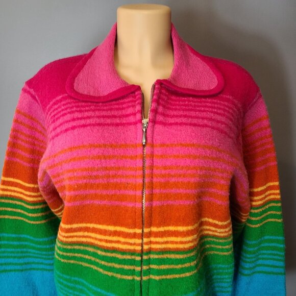 Vtg Talbots Cardigan Sweater Sz Medium Wool Preppy Colorful Stripe 90s Full Zip - Picture 9 of 10